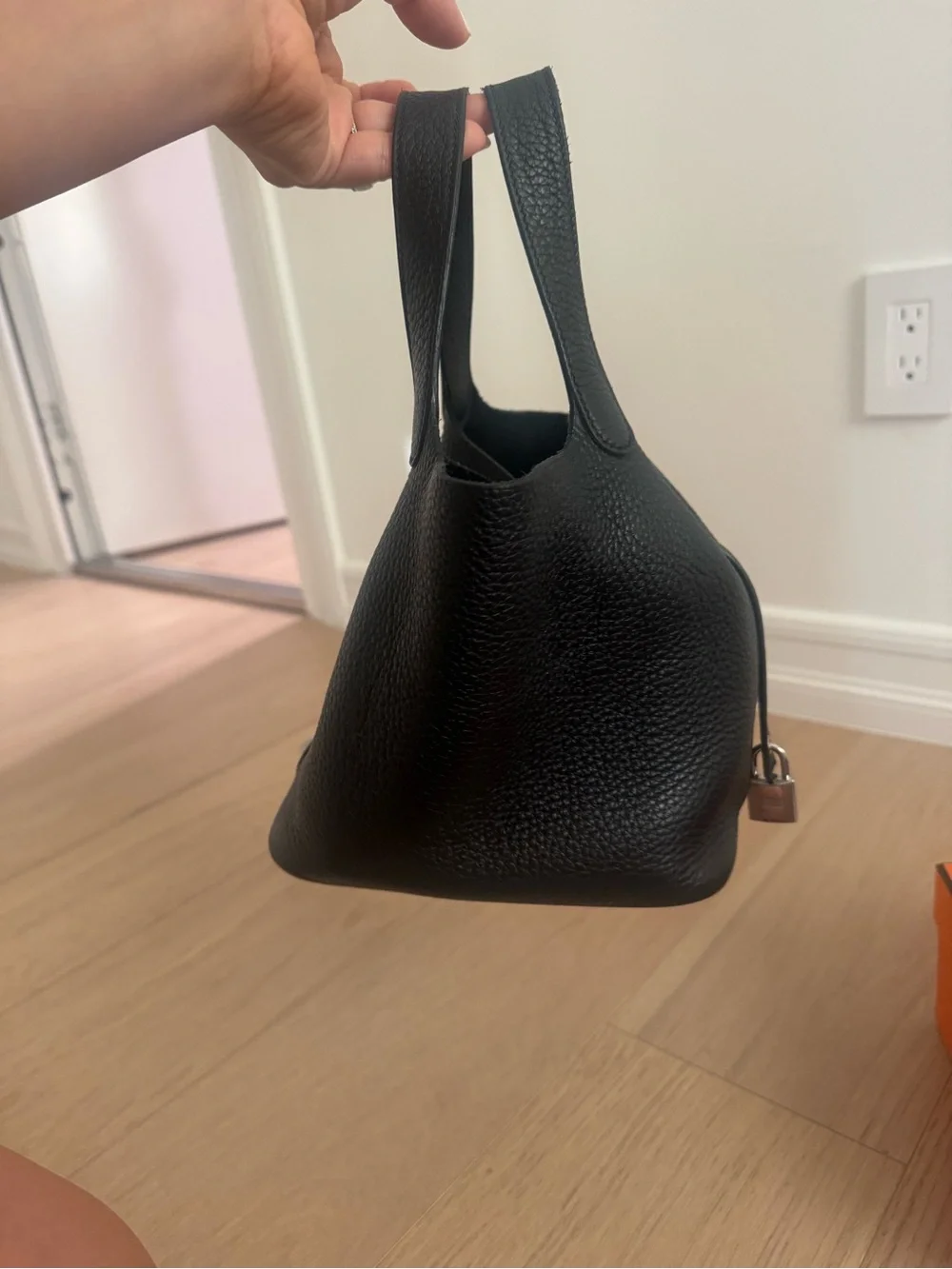 Hermes picotin Black Pebbled Leather Hobo with Lock Detail